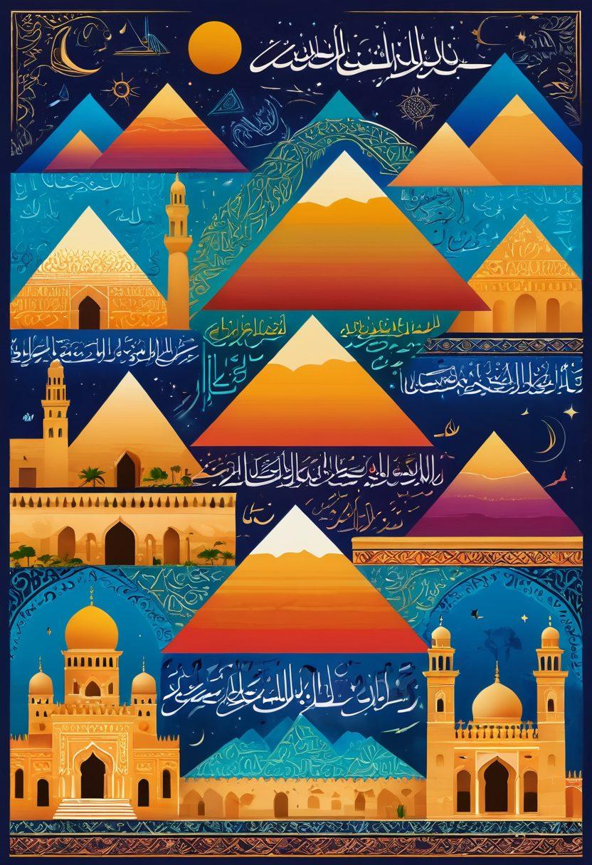 A colorful collage of essential Arabic words and phrases surrounded by vibrant illustrations of famous Arabic landmarks like the pyramids and the Alhambra. Include Arabic calligraphy flowing artistically across the image, with a diverse group of people studying and exchanging ideas. The background should be an alluring gradient that transitions from warm yellows to deep blues, symbolizing cultural richness. vector art. vibrant colors.