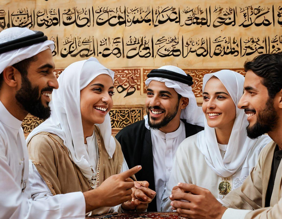 A close-up of a diverse group of people engaging in a lively Arabic conversation, showcasing various expressions of focus and understanding. The background features Arabic calligraphy art and phonetic symbols, symbolizing language learning. Include soft lighting to enhance warmth and connection among the speakers. super-realistic. vibrant colors.