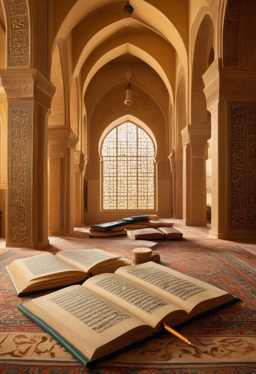 A majestic ancient library filled with scrolls and books on Arabic language, surrounded by vibrant calligraphy artworks. In the foreground, an open book displaying Arabic grammar rules and vocabulary illustrations, with a pen next to it. Soft golden light illuminating the pages, symbolizing knowledge and discovery. Background features Arabic architecture with arches and intricate designs. super-realistic. vibrant colors. ethereal lighting.